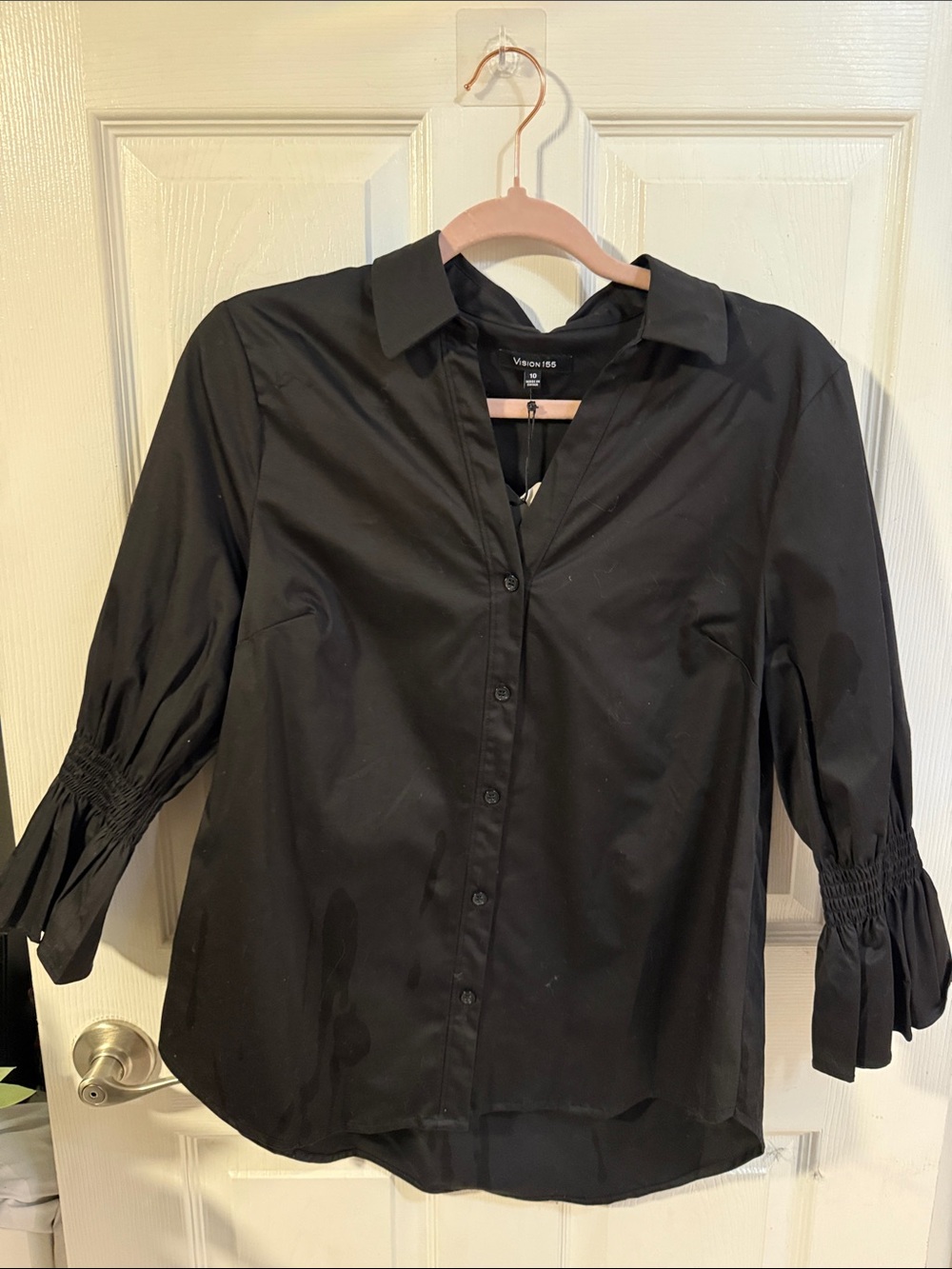 Vision 155~ Black Button-Front Shirred Sleeve Blouse